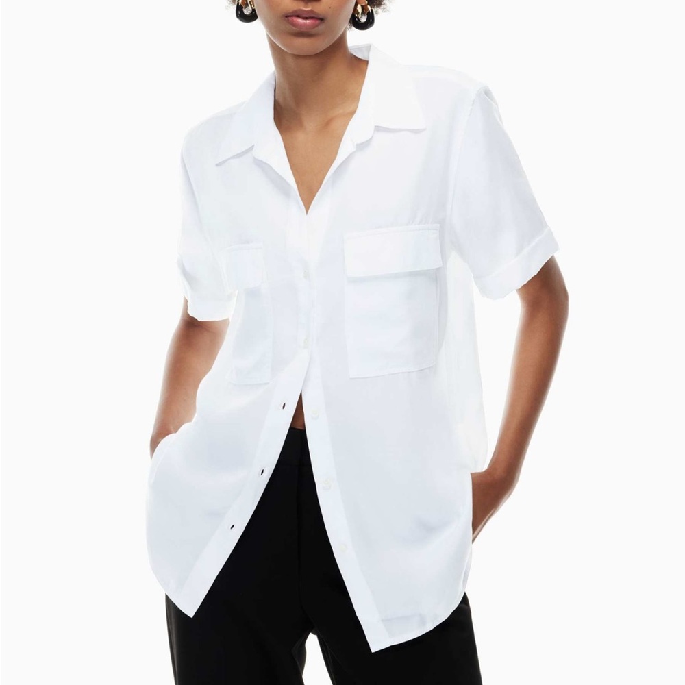 White linen Babaton short sleeve utility button down